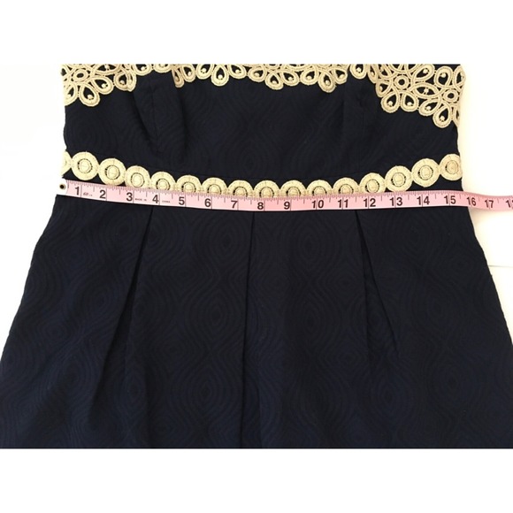 Lilly Pulitzer Betsey Navy Blue and Gold Jacquard Strapless Dress Size 8 - Picture 15 of 16